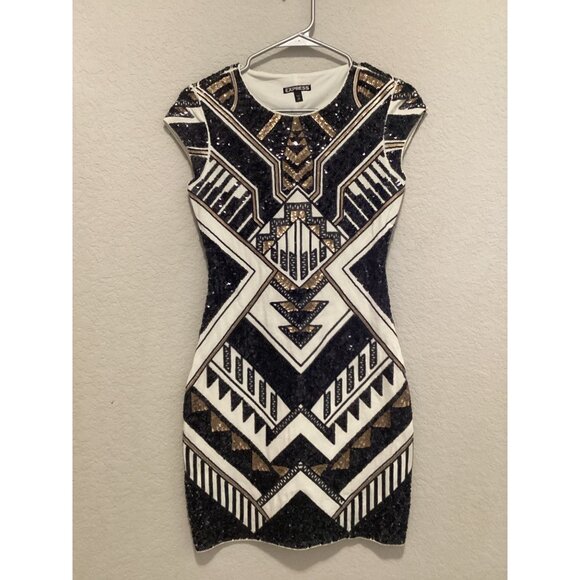 Express Black & Gold Geometric Sequin Bodycon Mini Dress Size XS - Picture 2 of 5